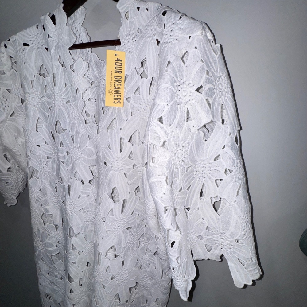 4OUR DREAMERS Floral Crochet Lace Swim Cover-Up XL White NWT Boho Caftan Dress - Picture 3 of 12
